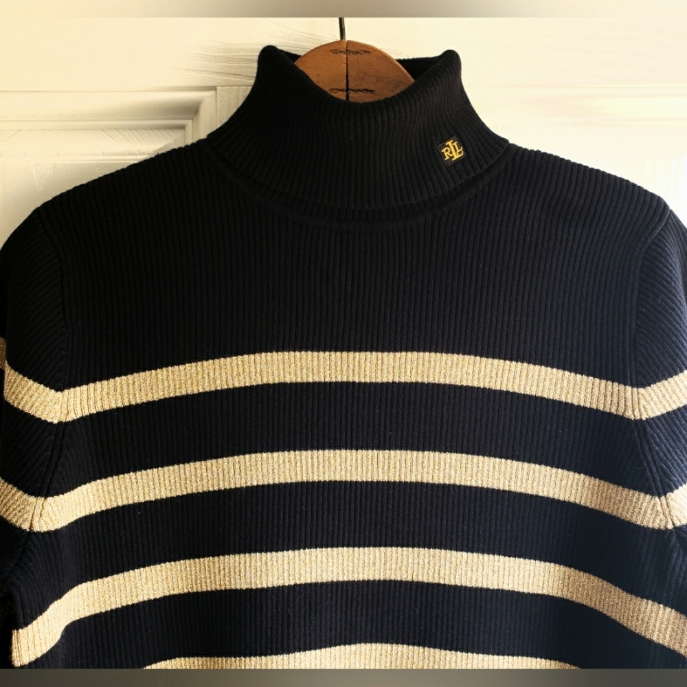 LAUREN RALPH LAUREN Women’s Black Gold Stripe Ribbed Turtleneck Sweater XL - Picture 2 of 6